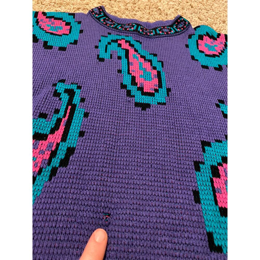 Vintage Extra Medium Sweater Purple Pink green Womens Crazy Paisley Knit - Picture 6 of 7